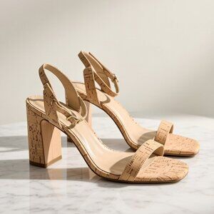 Ann Taylor Cork Block Heel Sandals Size 8M Tan Vegan Leather Neutral Summer